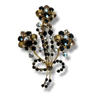 Vintage Austria Long Flower Bouquet Brooch Black Jet Glass Smoky Rhinestones 
4”